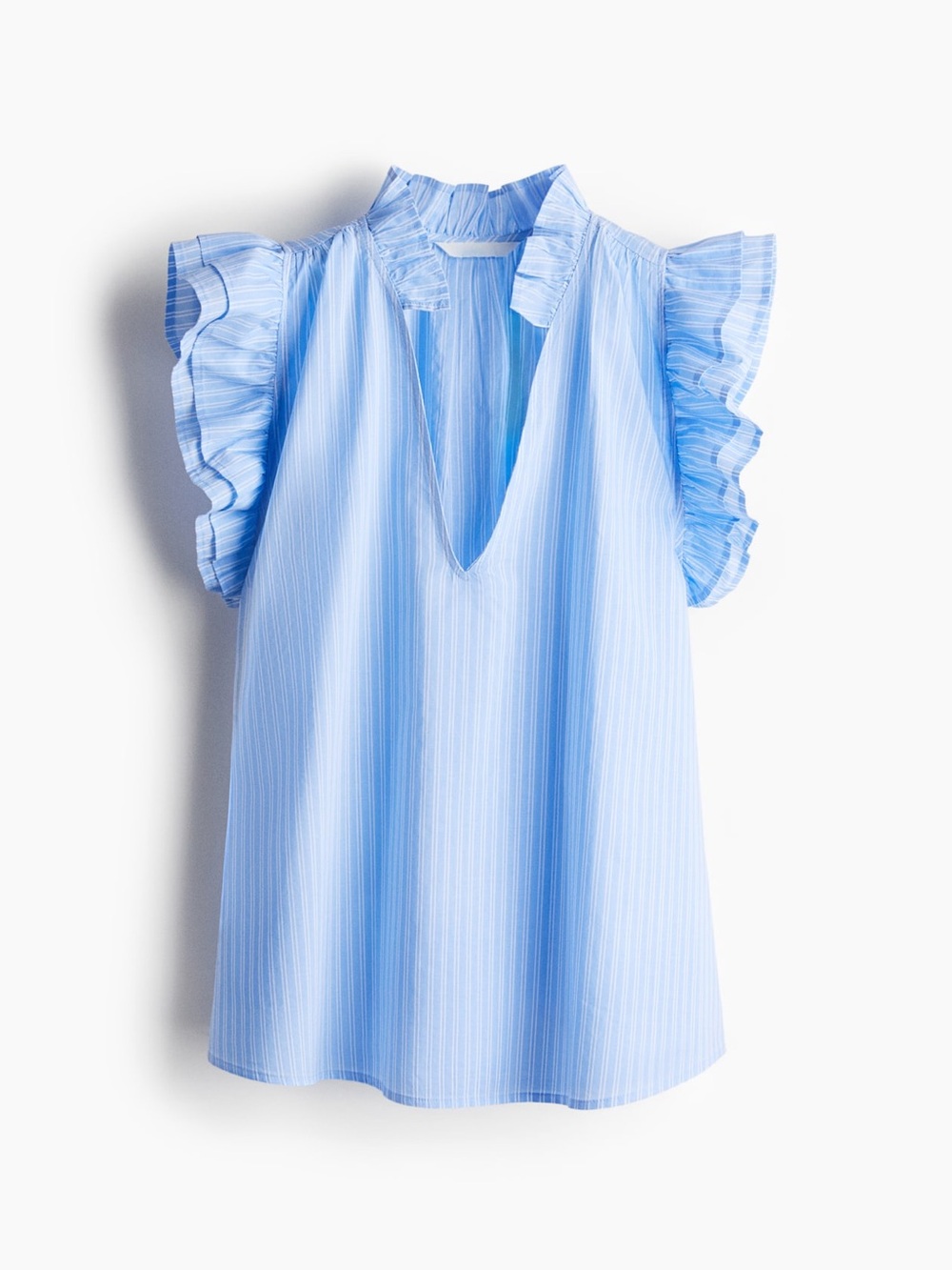 H&M Blue Pinstripe Ruffle Sleeve Blouse | Linen | Lightweight | Large | Coastal